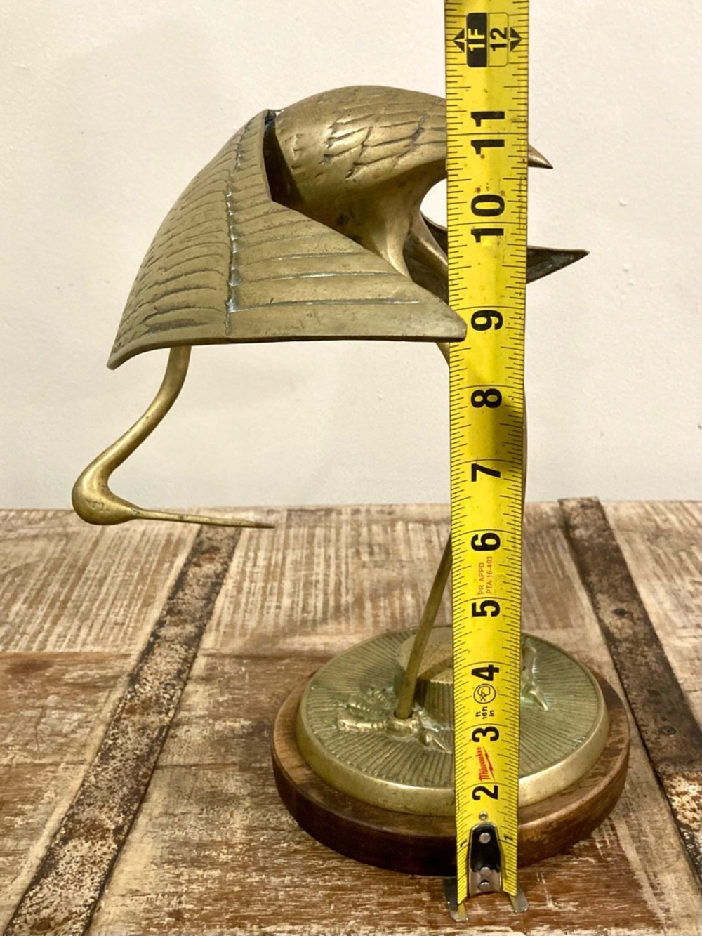 Vintage Crane Sculpture on Wood Base Mid Century Modern Decor 11.5” Brass Color - Picture 15 of 16